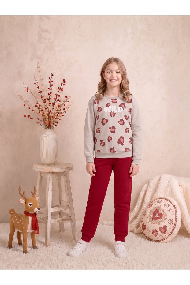Girls & Teenagers Interlock Leopard Patterned Wild Printed Ribbed Long Sleeve Pajama Set Beige-Claret Red