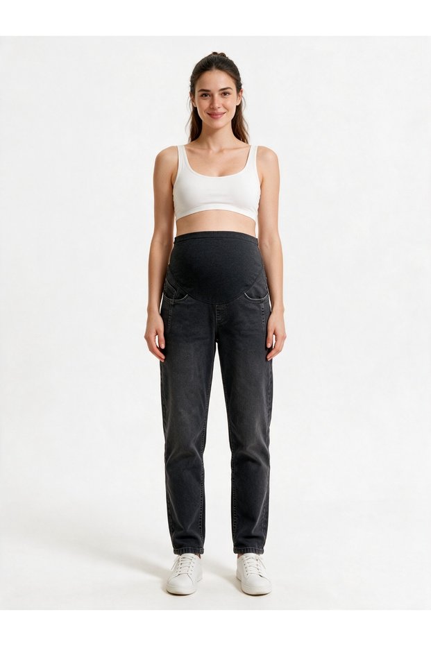 Maternity Stretchy Abdominal Band, Adjustable Waist, Front Pleated Model Jeans, Anthracite