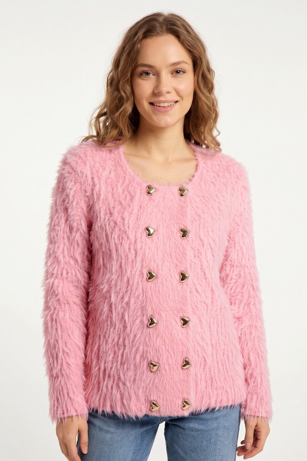 Women's Pink Gold Heart Buttoned Soft Fuzzy Cardigan