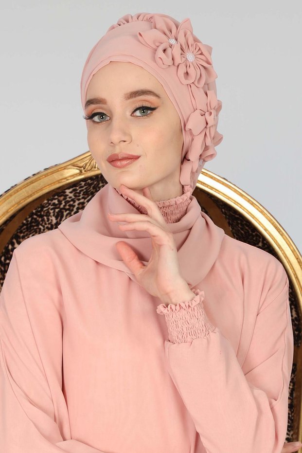 Ready-Made Chiffon Turban with Floral Accessories, Ht-27 Powder