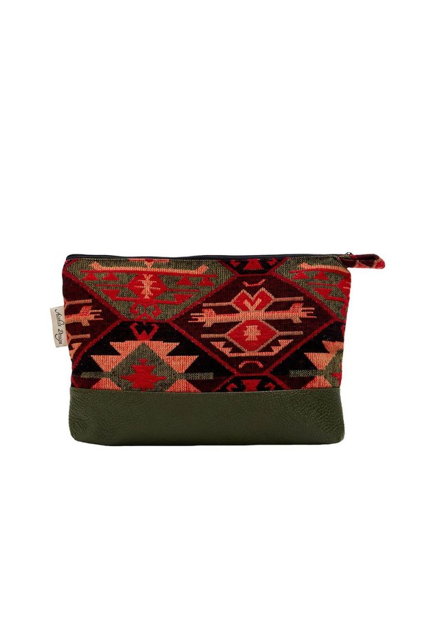 Patterned Leather Detail Handbag Small,Cmk-4A Kilim 1 Pattern - Petrol Green