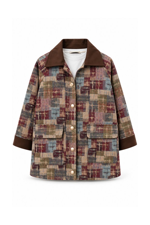 Women's Jacquard Woven Jacket with Suede Sleeves and Collar, Ethnic Patterned Jacket 3263 Burgundy - Premium Series