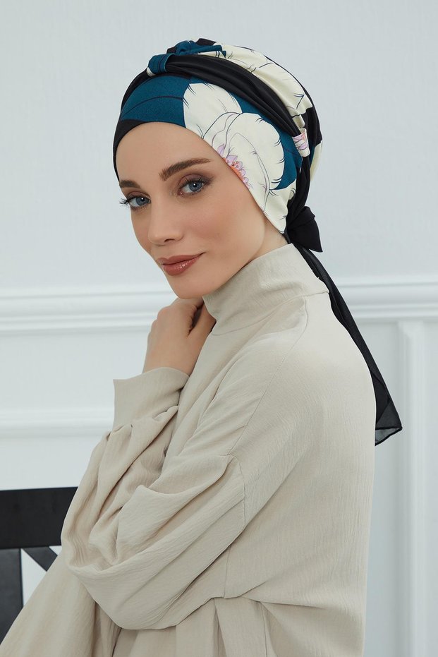 Chiffon Belted Patterned Combed Cotton Bonnet, B-24Yd Pattern 32 - Black