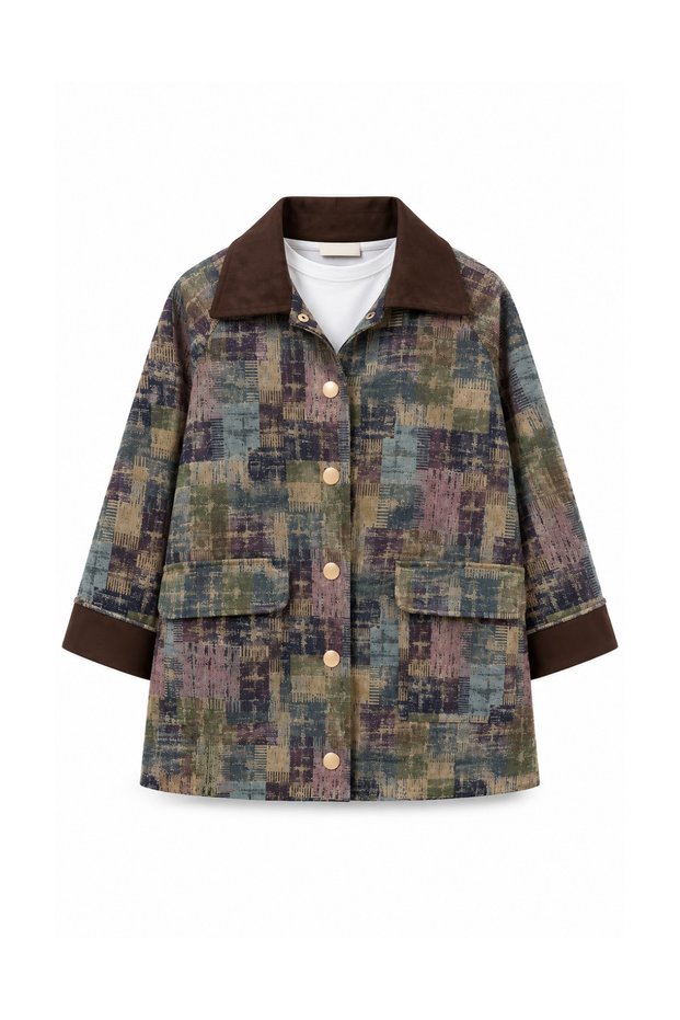 Women's Jacquard Woven Jacket with Suede Sleeves and Collar, Ethnic Patterned Jacket 3263 Khaki - Premium Series