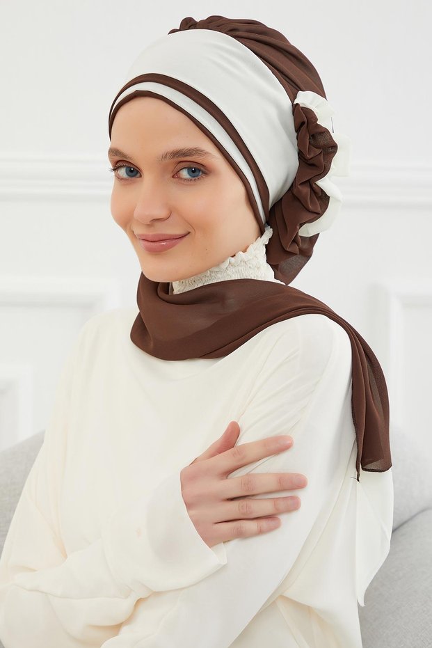 Double Color Design Chiffon Ready-To-Wear Turban, Ht-86 Brown - Cream