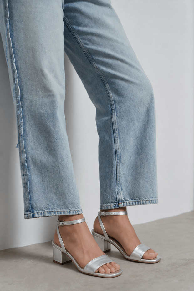 Ankle Belted Open Back Satin Low Heel Shoes - Silver