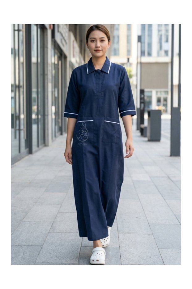 Housemaid Uniform/Cotton Gown/JALABIYA/.Khadama/Uniform, 3/4 Sleeve, Mandarin Collar, Front Pockets COTTON