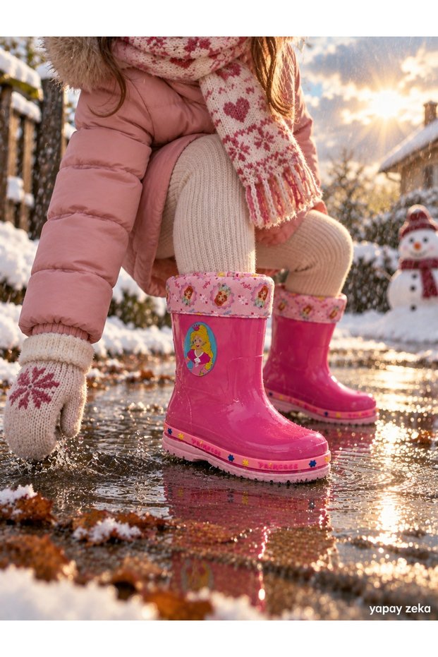 Girls' Princess Patterned Lined Non-Slip Sole Winter Rain Boots