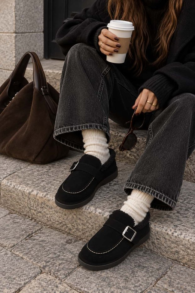 Women's Black Suede Look Fur-Lined Buckle Thick Sole Winter Slippers Pelvas