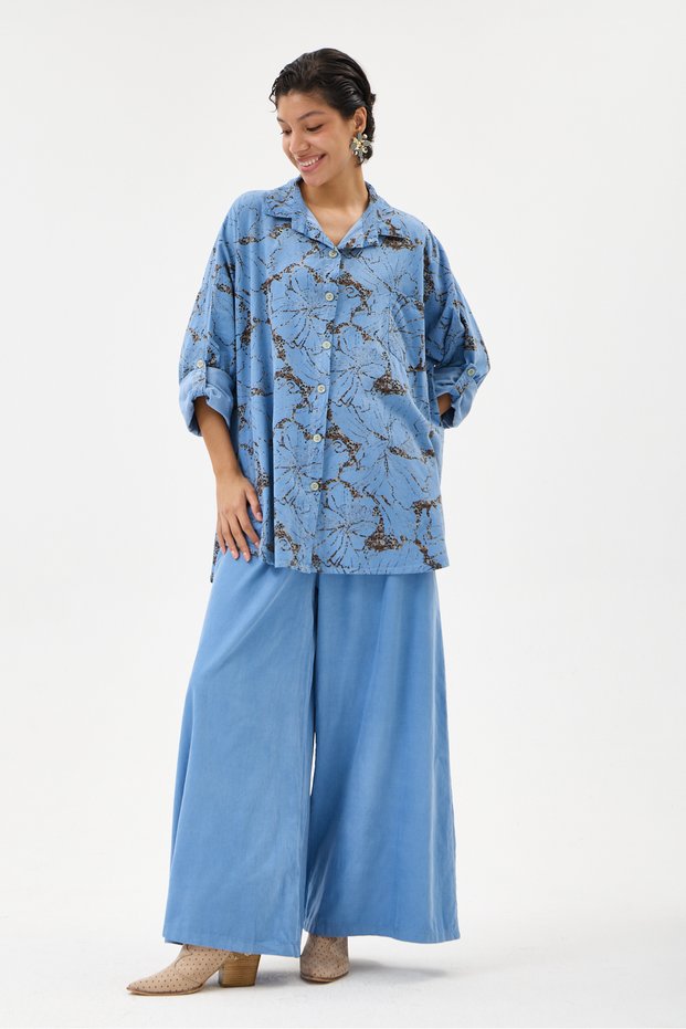 Women's Blue Italian 100% Cotton Velvet Patterned Trousers with Shirt Oversize Velvet Suit 40 - 46 Size