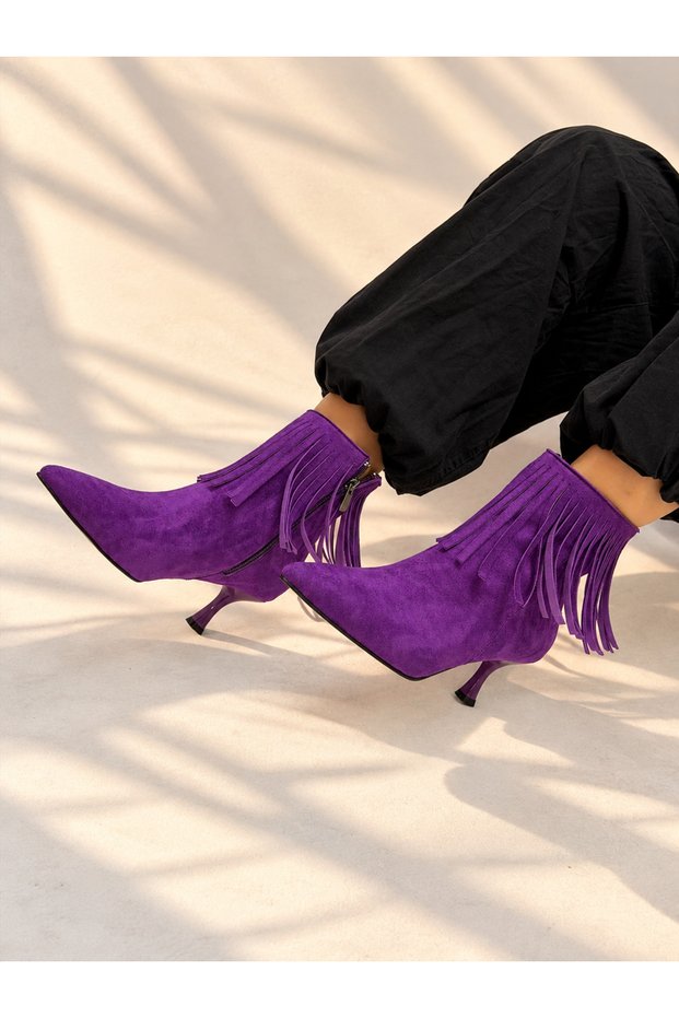 Savanna Purple Suede 5 cm Thin Heel Tassel Detail Women's Boots Botti̇e