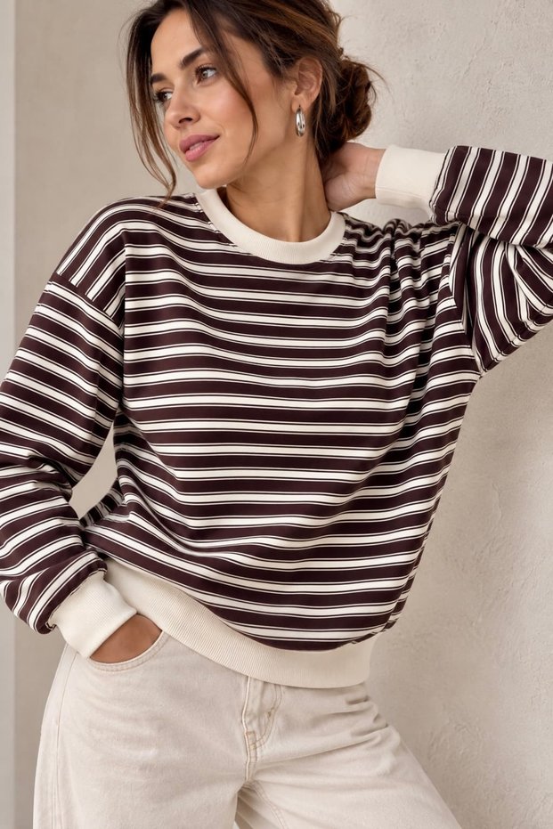 Women's Striped Crew Neck 2 Thread Sweatshirt Comfortable Fit My3535