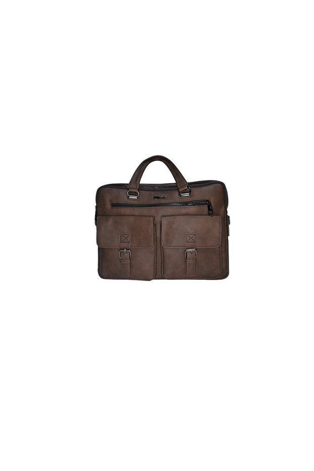 Duki Daso Brown Double Pocket Buckle Unisex Faux Leather Briefcase and Handbag | Summer T7663 Brown