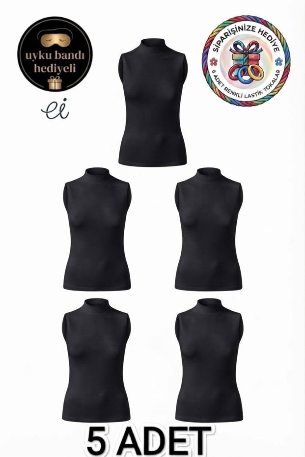Women's 5-Pack Black Zero-Sleeve Turtleneck Lycra Cotton Bodysuit - Custom Made Sleep Band and 6-Pack Buckle Gift