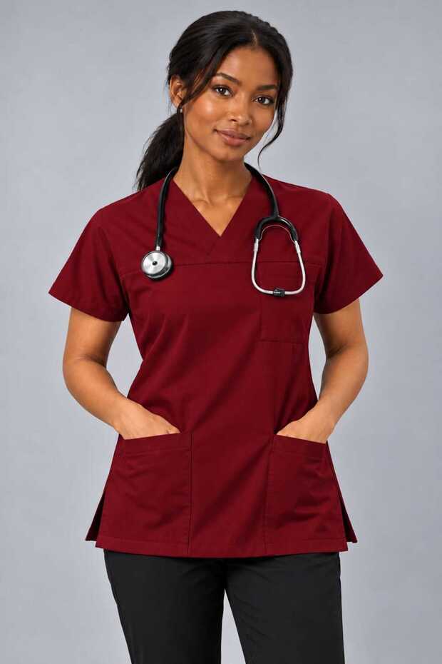 (E-Flex) Burgundy Lycra Women's Single Top Non-Ironing Nurse and Doctor Uniform Scrubs Hospital Uniform