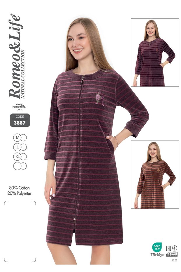 Women's Cotton Velvet Zipper Pocket Lace Long Sleeve Dress / Dusty Rose 3887