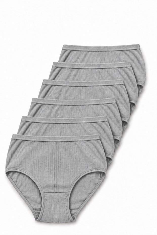 Women's Gray 6-Pack 100% Cotton Bato Panties, High Waist Ribbed Slip