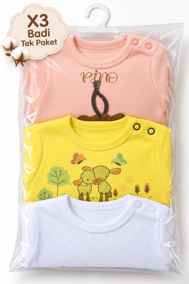 3-Piece Baby Bodysuit Set, 100% Cotton, Long Sleeves, Snap Fasteners