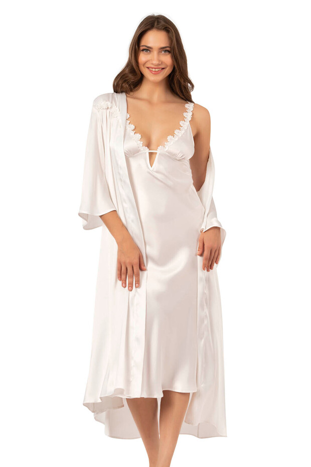 Ecru Long Double Satin Dressing Gown Nightgown Set 7829