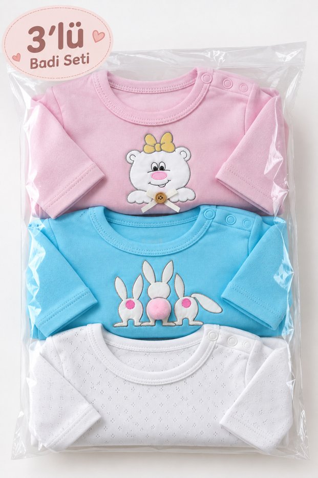 3-Piece Baby Bodysuit Set, 100% Cotton, Long Sleeves, Snap Fasteners