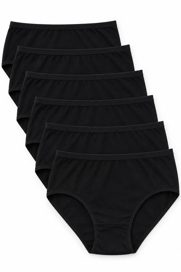 Women's Black 6-Pack 100% Cotton Ribbed Bato Panties, Solid Color High Waist Bato Panties