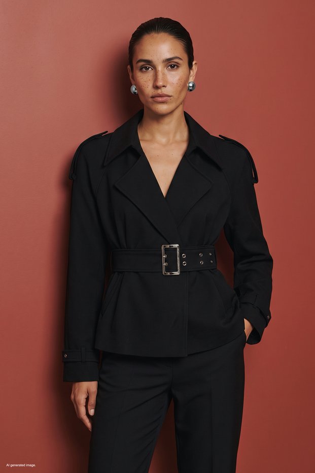 Belt Detailed Short Trench Coat - Black