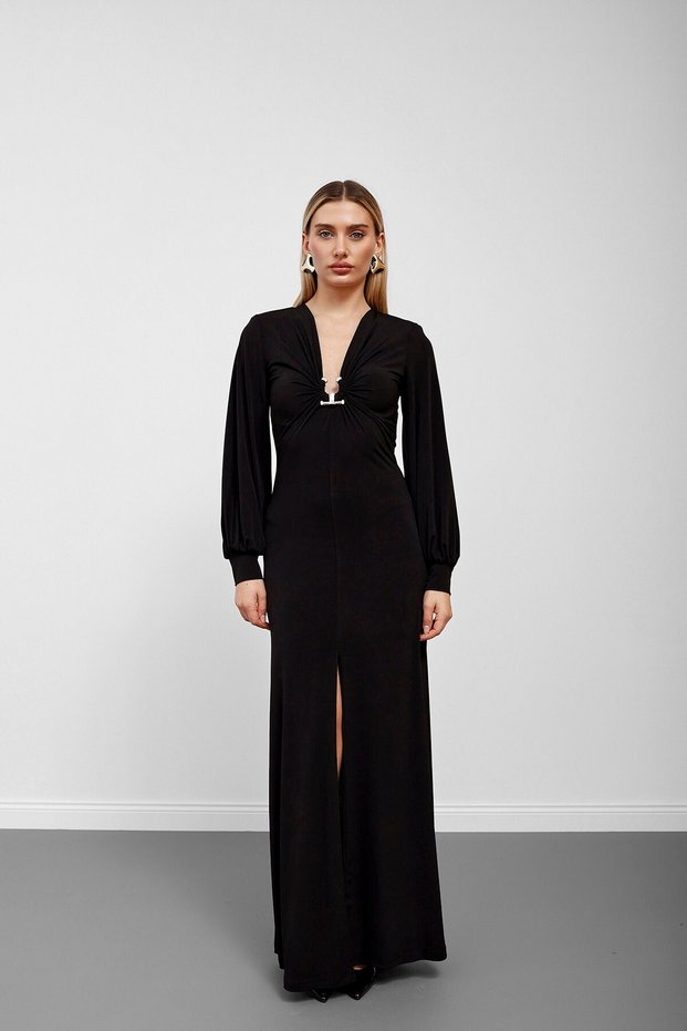 Black Accessory Detailed Padded Slit Long Dress