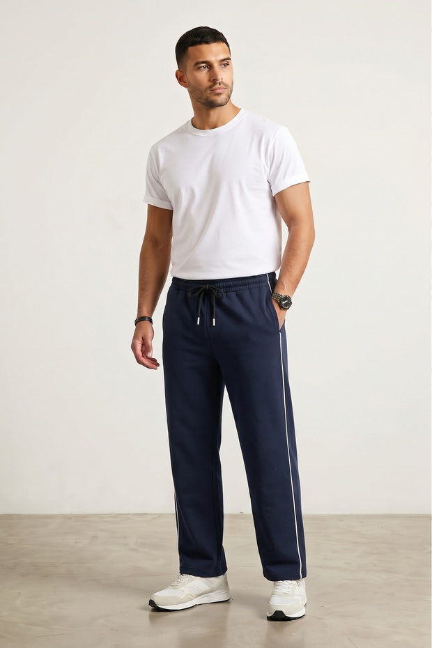 Makiteks Navy Blue Men's Ribbed Baggy Sweatpants with Wide Legs, Comfortable Fit, Elastic Waist, and Pockets