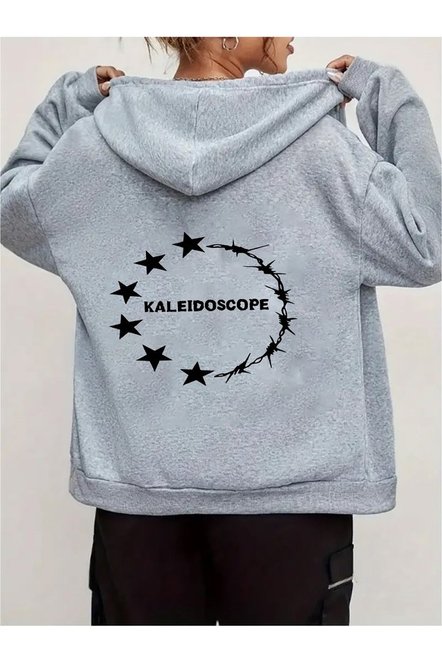 Unisex Gray Kaleidoscope Back Printed Zippered Sweatshirt Printed Premium Oversize T-Shirt