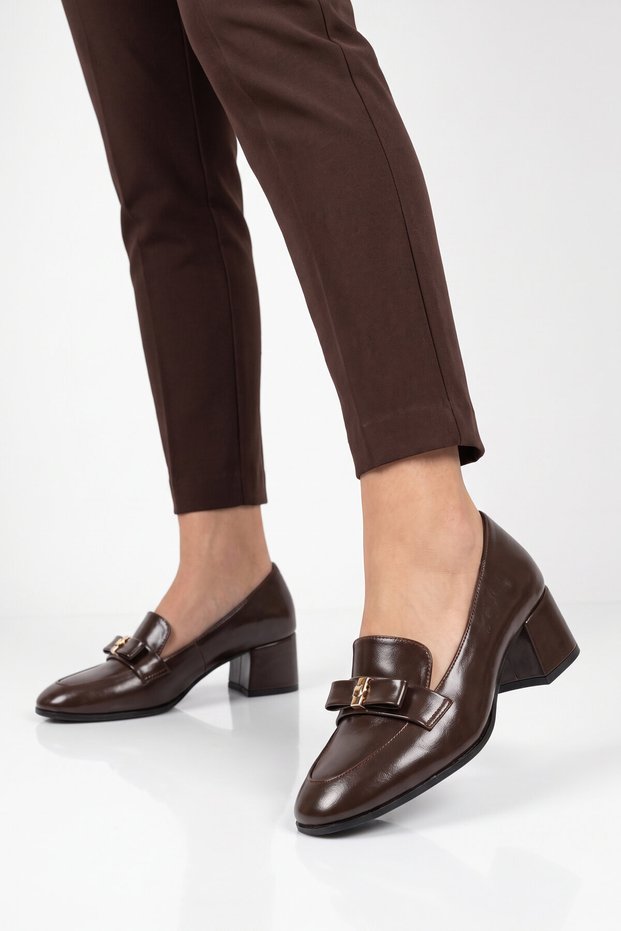 Thick Heeled Bow Detailed Stylish Comfortable Brown Women's Classic Casual Shoes Pc-56189