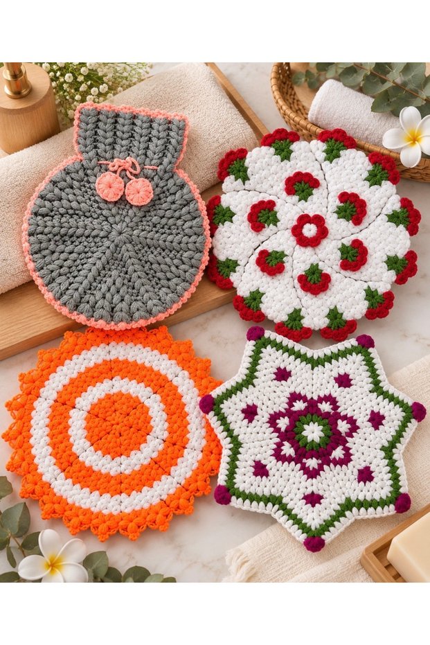 Hand Knitted 4-Piece Mixed Patterned Bath Washcloth Set – Colorful Dowry Washcloth Set