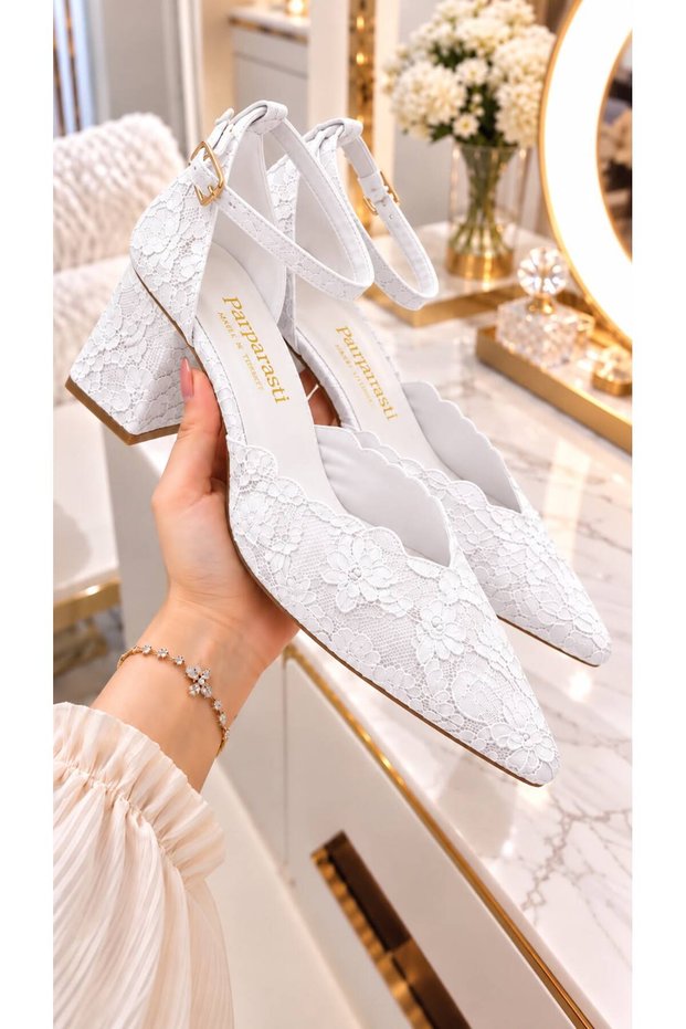 Florisen Women's White Floral Patterned Lace Pointed Toe Ankle Buckle 7 cm Thick Heeled Evening Dress Shoes
