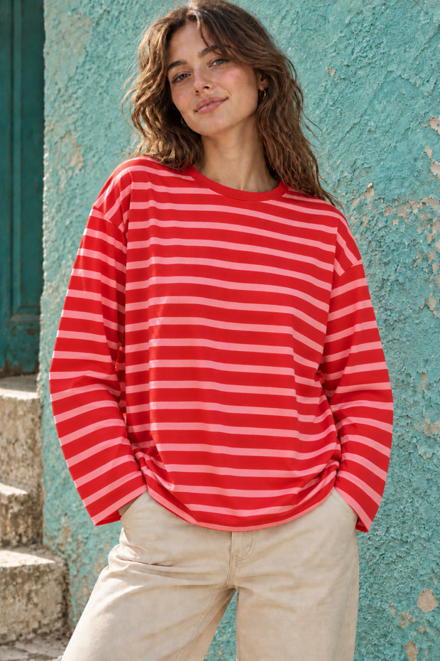 Women's Red Pink Striped Oversize Long Sleeve T-Shirt