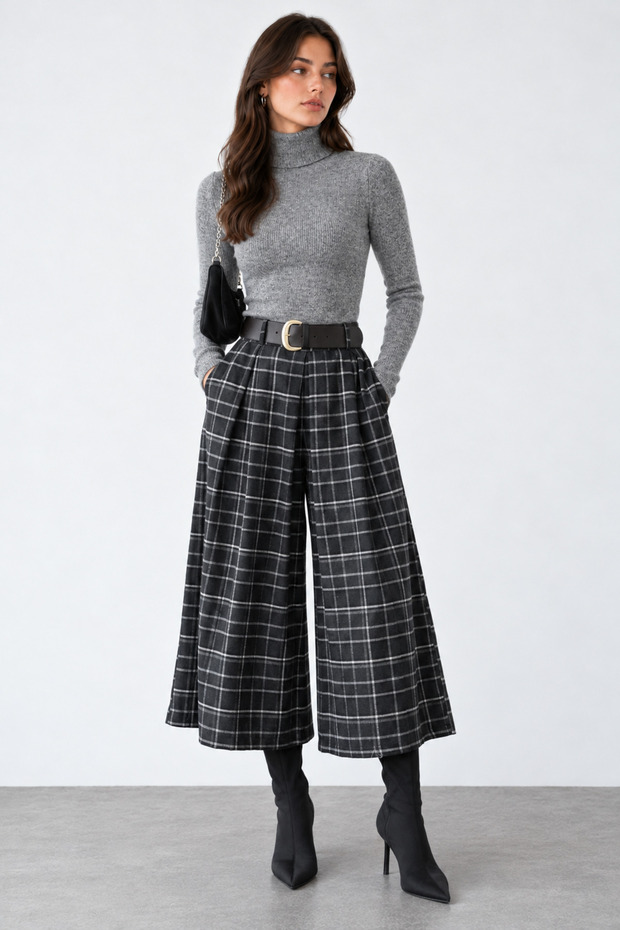 Women's Black-Anthracite Belted Plaid Trousers