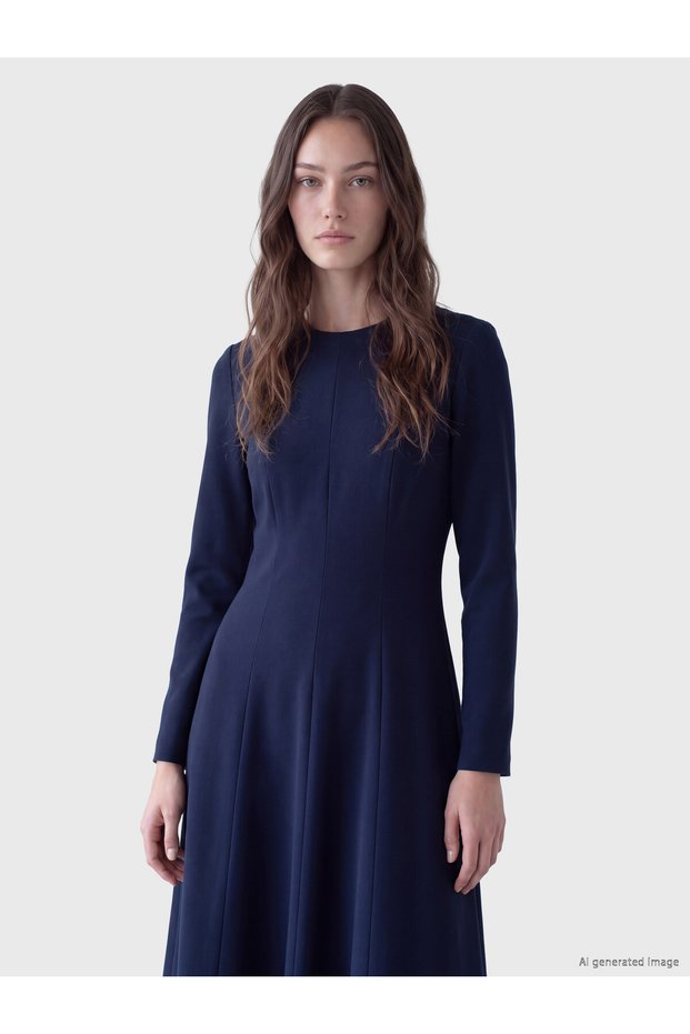 LCW Modest Navy Blue Jersey Solid Standard & Regular Oval-Neck Long Dress, Featuring the ALITA CITY Touch