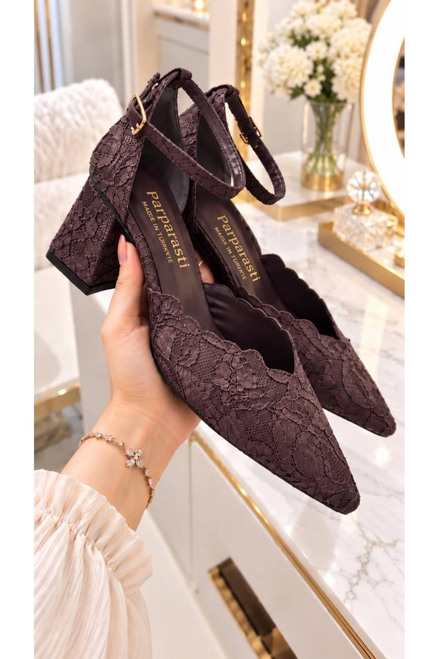 Florisen Women's Bitter Brown Floral Patterned Lace Pointed Toe Ankle Buckle 7 cm Thick Heeled Evening Dress Shoes