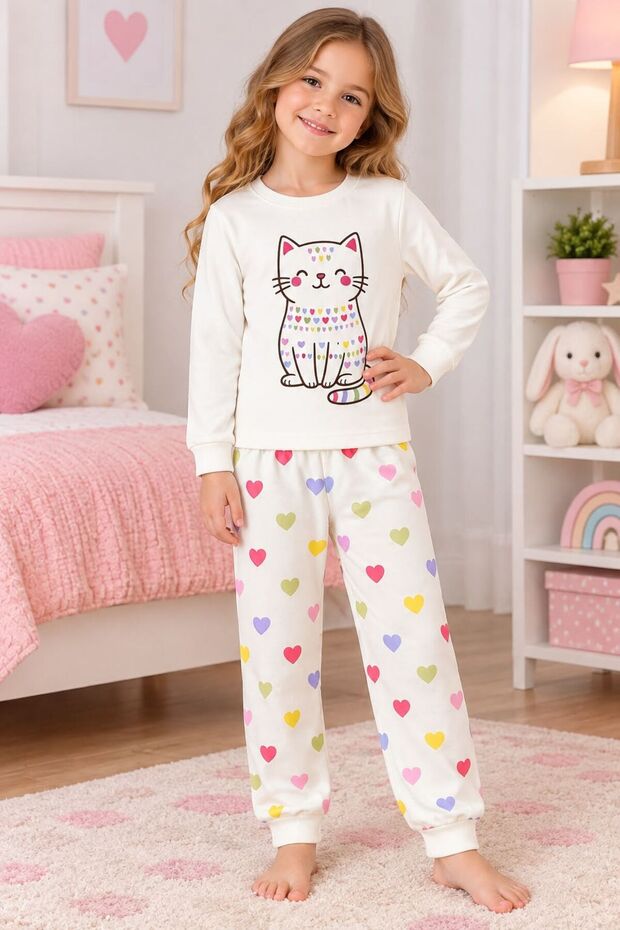 Girl's 100% Cotton White Cat and Heart Patterned Long Sleeve Pajama Set