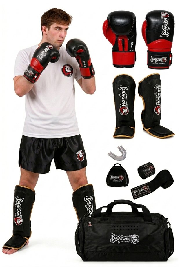 Carbon Kick Boxing Muay Thai 5-Piece Set - Gloves, Shin Guard, Bandage, Mouthguard, Bag