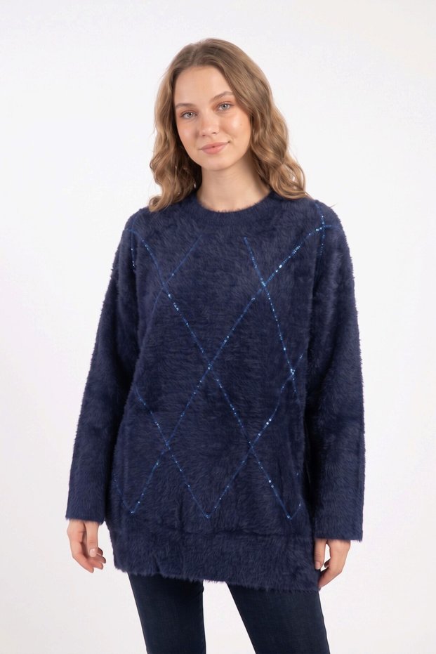 Women's Navy Blue Diamond Patterned Sequin Embroidered Crew Neck Soft Textured Fuzzy Sweater