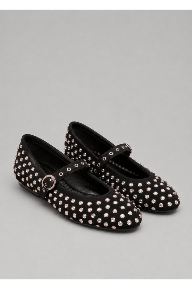 Stone Stud Detailed Suede Ballerinas - 027 - 820 - Black