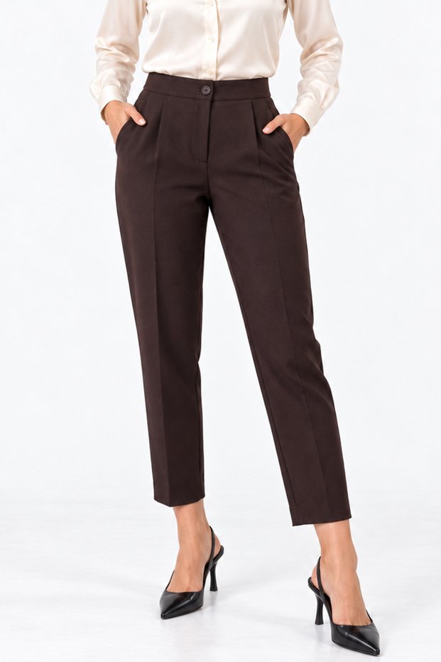 Brown Skinny Leg Women's Carrot Trousers Pleated High Waist Buttoned Zippered Seasonal Fabric