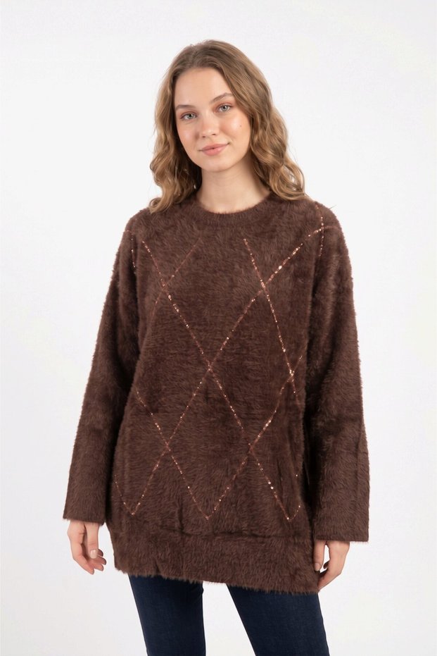 Women's Brown Diamond Patterned Sequin Embroidered Crew Neck Soft Textured Fuzzy Sweater