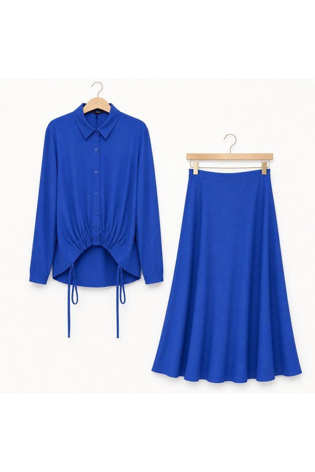 Gathered Front Skirt Suit - Blue