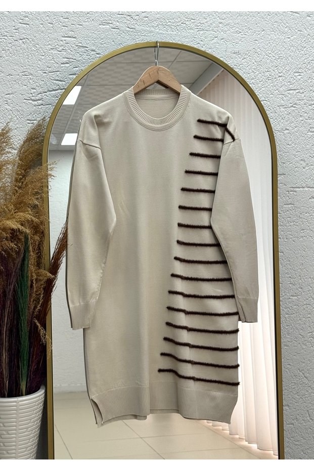 Sabisima Half Plush Striped Tunic-Sy3314 Stone