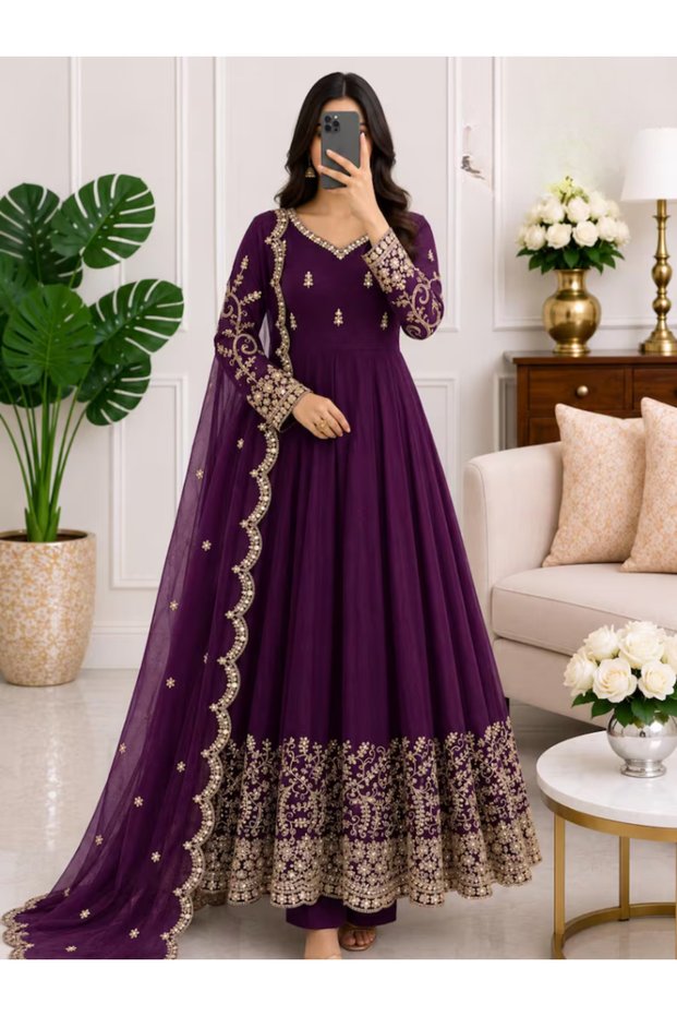 Deep Purple Heavy Faux Georgette Embroidered Lehenga Set with Dupatta - HRT101373 | Deep Purple