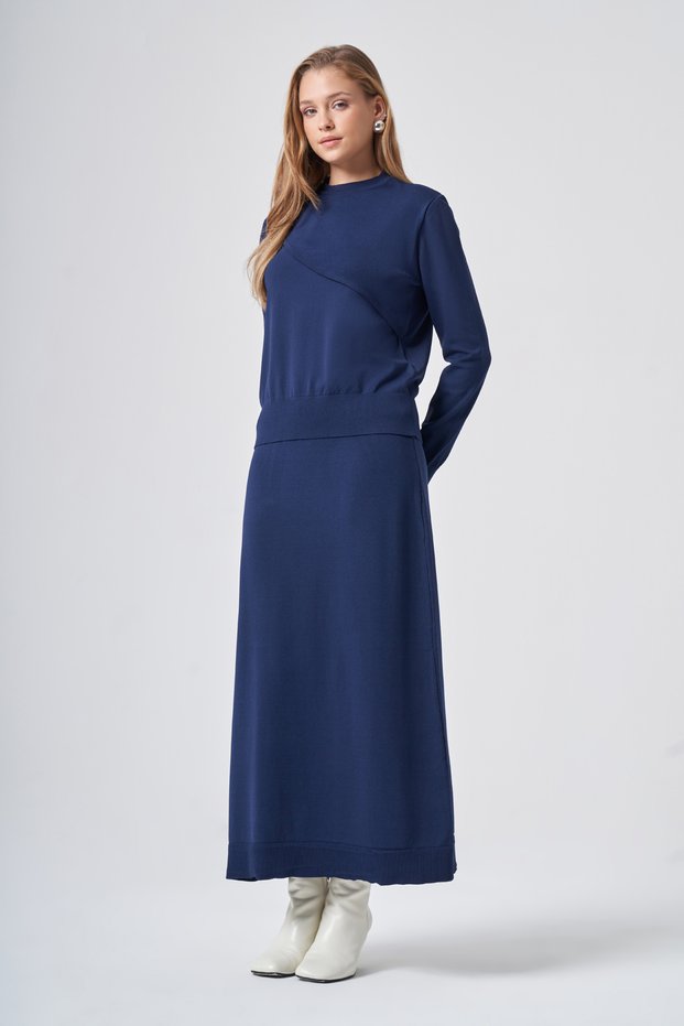 Blouse Piece Detail Knitwear Skirt Set 705 Navy Blue