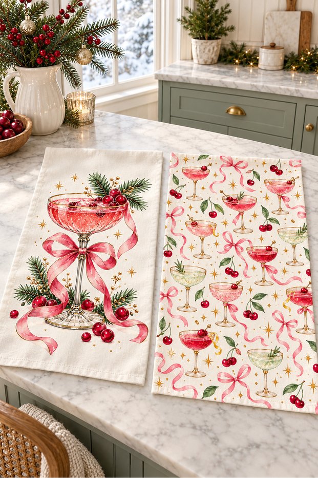 Cherry Celebration Cocktail Cherry Pink Cream Bow Christmas Patterned 2-Piece Kitchen Towel Set 35X55