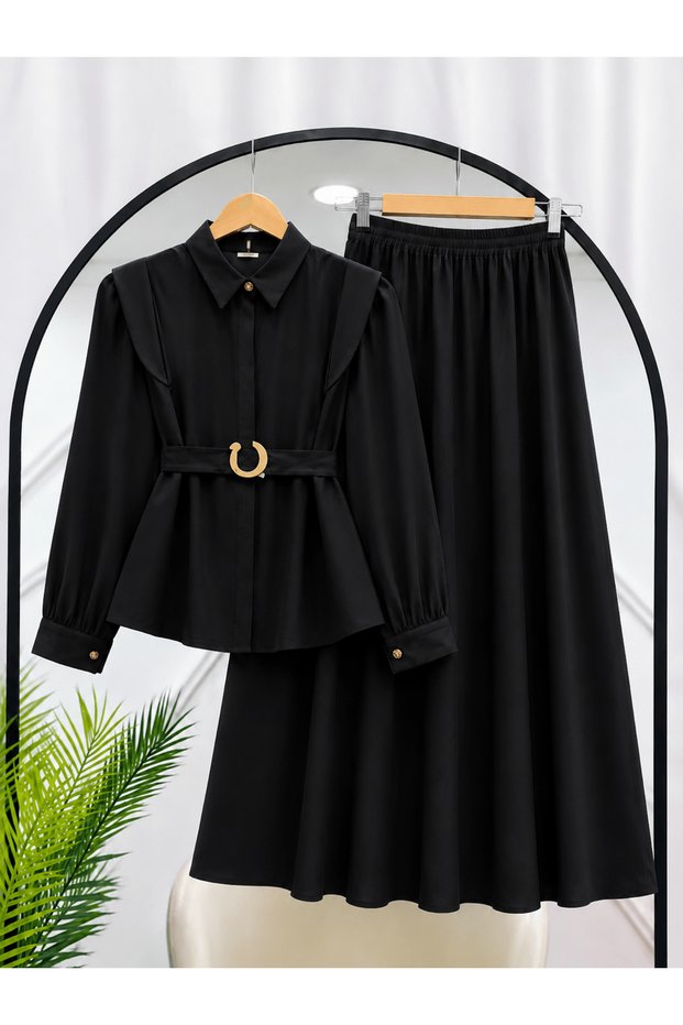 Gold Belted Skirt Suit - 2638 - Black