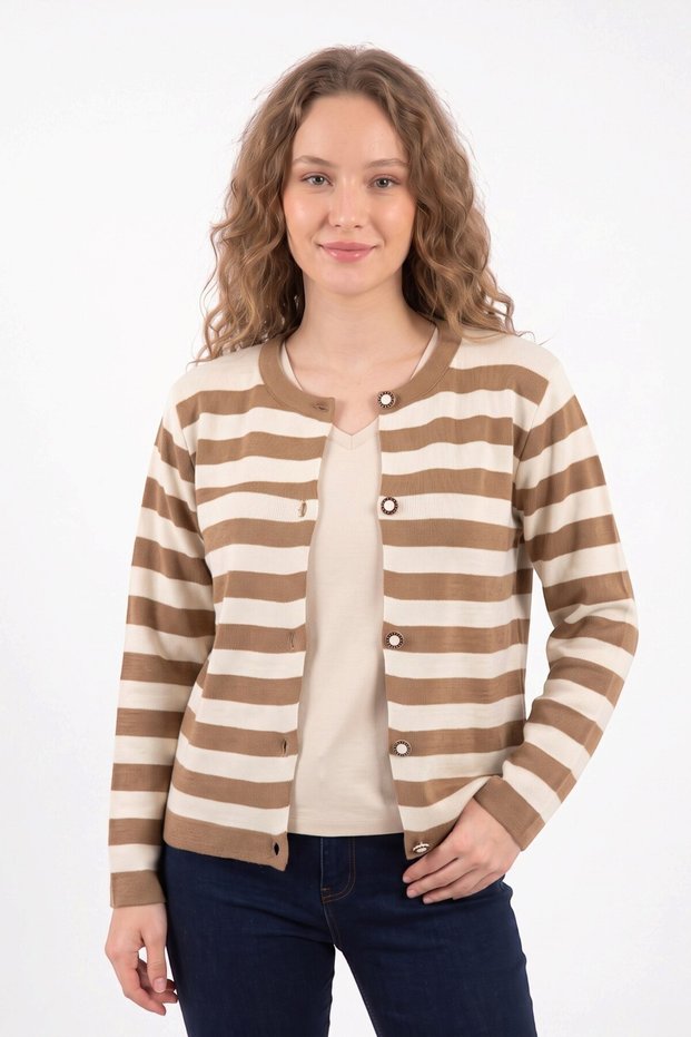 Women's Striped Pearl Button Detailed Crew Neck Knitwear Cardigan