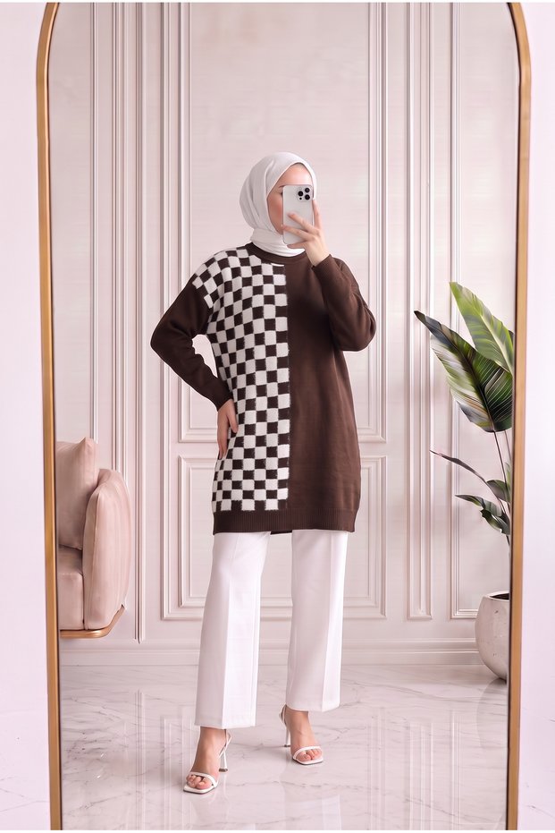 Sabiser Half Square Checkered Cold Thread Tunic-Sy3376 Brown